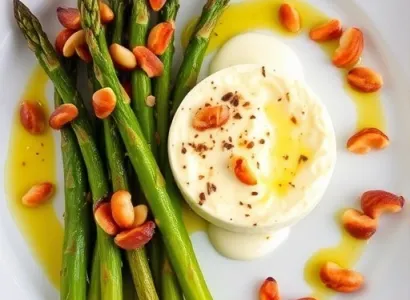 Asperges rôties avec fromage de chèvre et sauce aux noix de macadamia