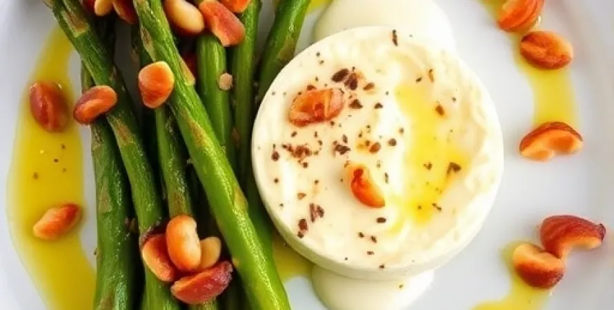 Asperges rôties avec fromage de chèvre et sauce aux noix de macadamia