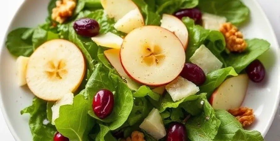 Salade de feuilles vertes, pomme et noix