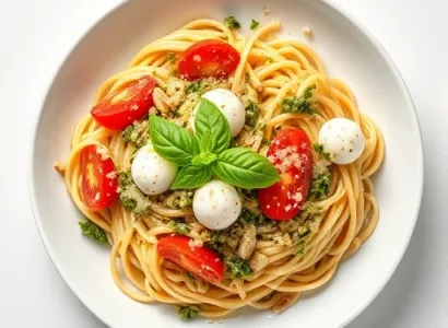 Salade de pâtes au pesto, tomate et mozzarella