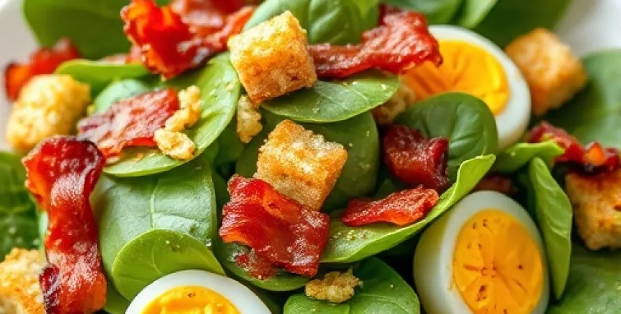 Salade d'épinards avec lardons, oeuf et crotons