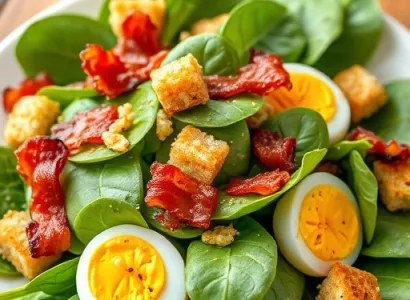 Salade d'épinards avec lardons, oeuf et crotons