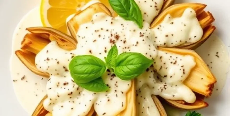 Feuilles d'artichaut au parmesan et à la sauce basilique