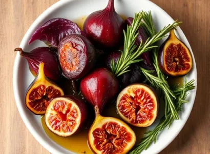 Oignons rouges rôtis et figues fraîches au vinaigre de Xérès