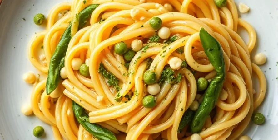 Fusilli à la crème de citron, asperges et pois