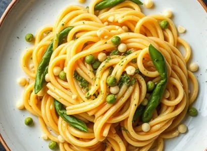 Fusilli à la crème de citron, asperges et pois