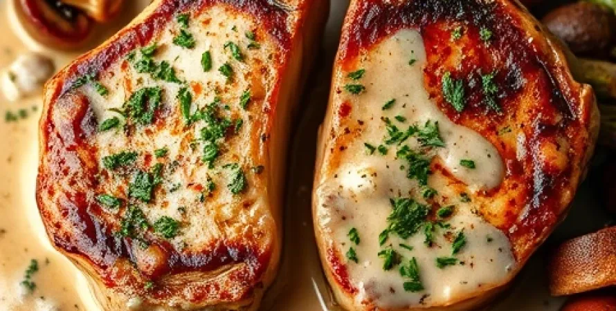 Côtes de porc aux herbes et sauce aux champignons