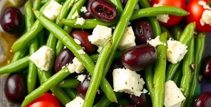 Haricots verts marinés aux olives, tomates et feta