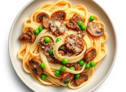 Pâtes au boeuf et sauce aux champignons