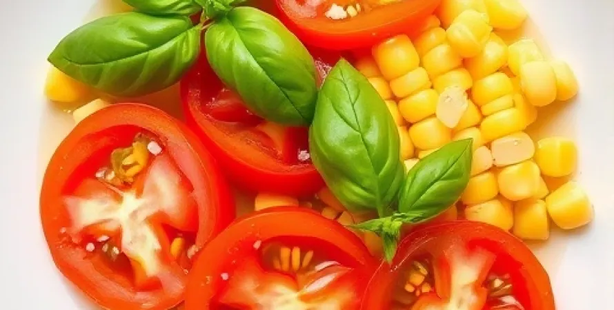 Tomates avec maïs et basilic