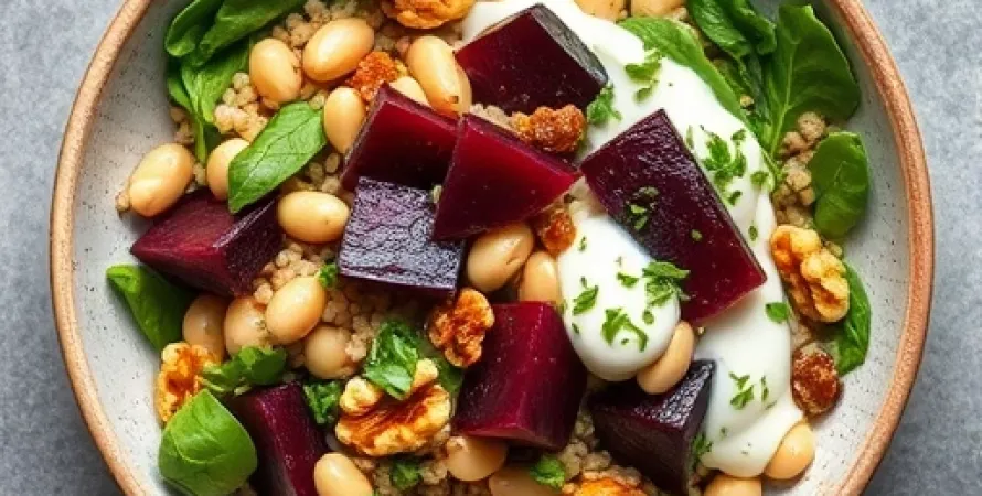 Salade de fèves et orge aux betteraves et sauce au yaourt