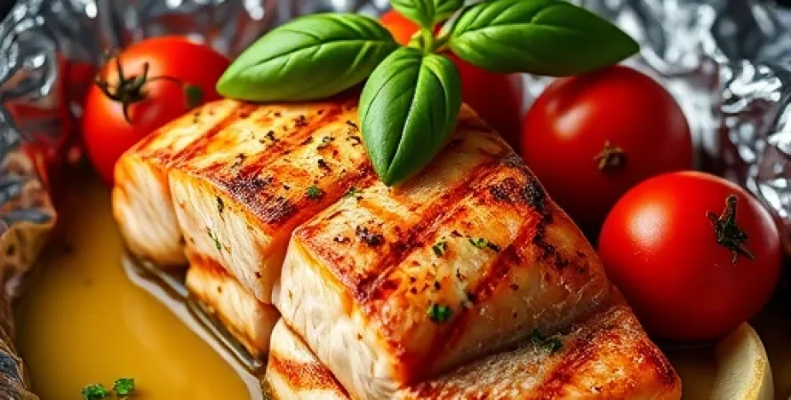 Saumon grillé aux tomates et basilic