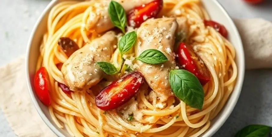 Pâtes au poulet, basilic et tomates séchées