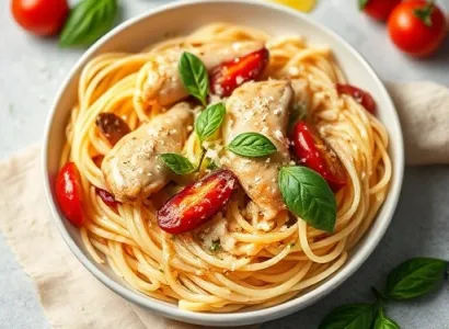 Pâtes au poulet, basilic et tomates séchées
