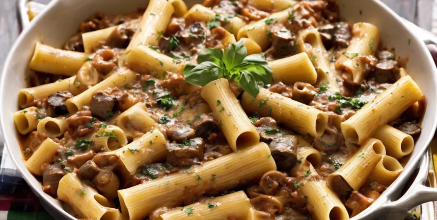Recette Rigatoni savoureux à la viande et aux champignons