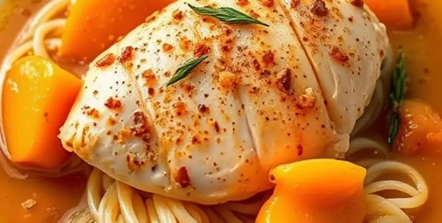 Poulet aux abricots et nouilles