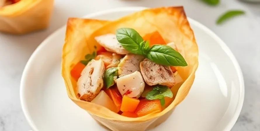 Salade de poulet, mangue et cornets de wonton