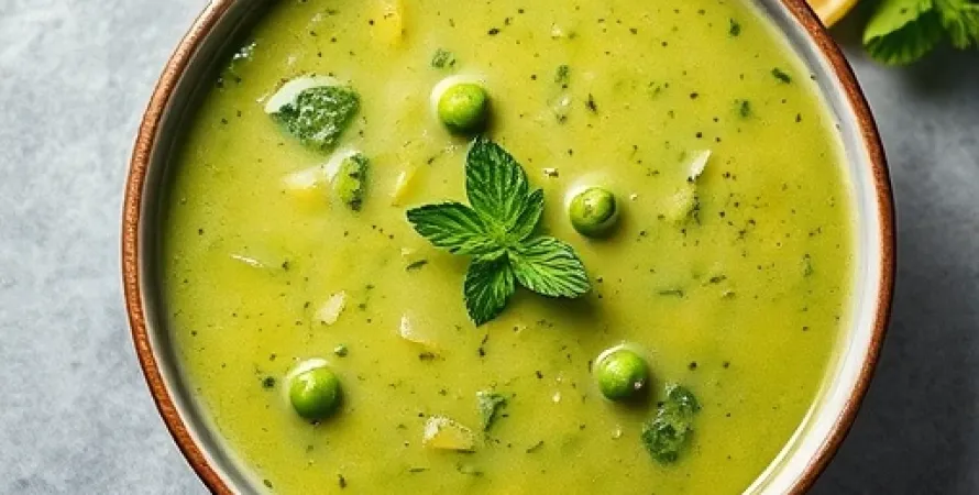 Potage d'épinard et de pois au citron et à la menthe