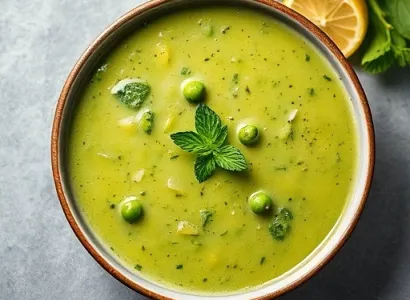 Potage d'épinard et de pois au citron et à la menthe