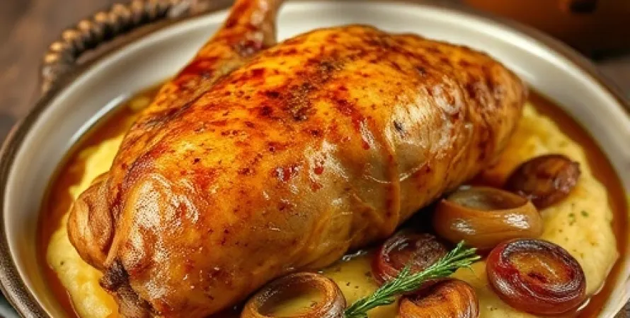 Poulet braisé au cidre sur grits au fromage cheddar