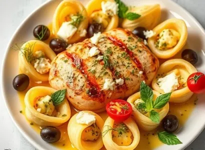 Poulet à la menthe et feta avec pâtes en nids d'hirondelle