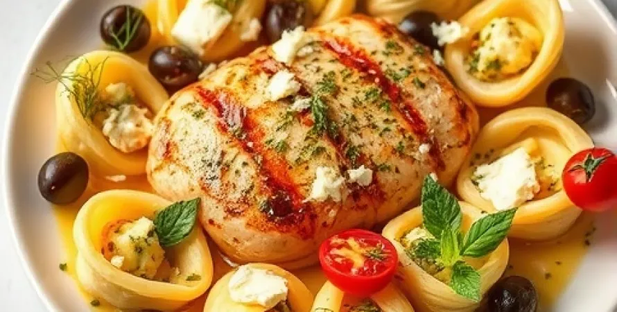 Poulet à la menthe et feta avec pâtes en nids d'hirondelle