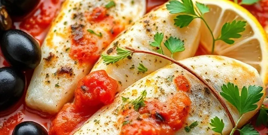 Filets de poisson aux olives noires et harissa