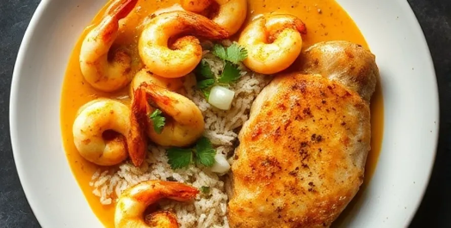 Curry de crevettes et poulet aux noix de coco