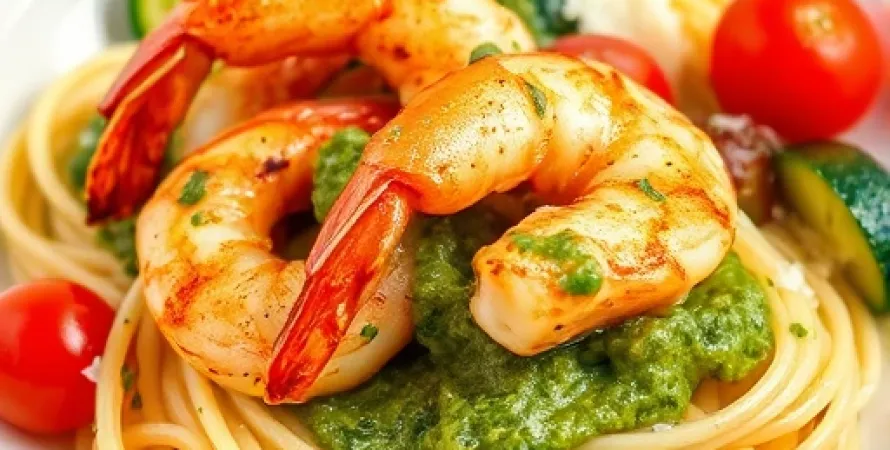 Crevettes au pesto avec pâtes