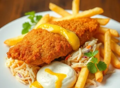 Poisson pané avec salade de chou et sauce