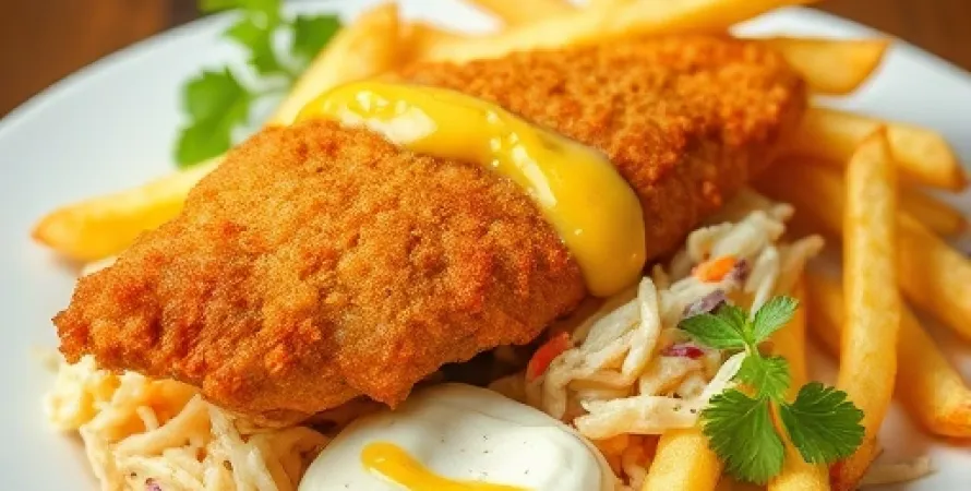 Poisson pané avec salade de chou et sauce