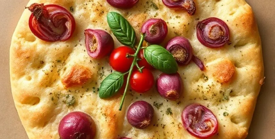 Focaccia aux oignons rouges, ail et romarin