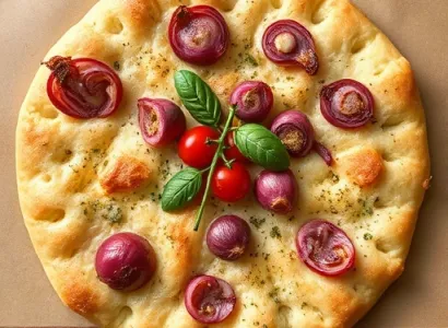 Focaccia aux oignons rouges, ail et romarin