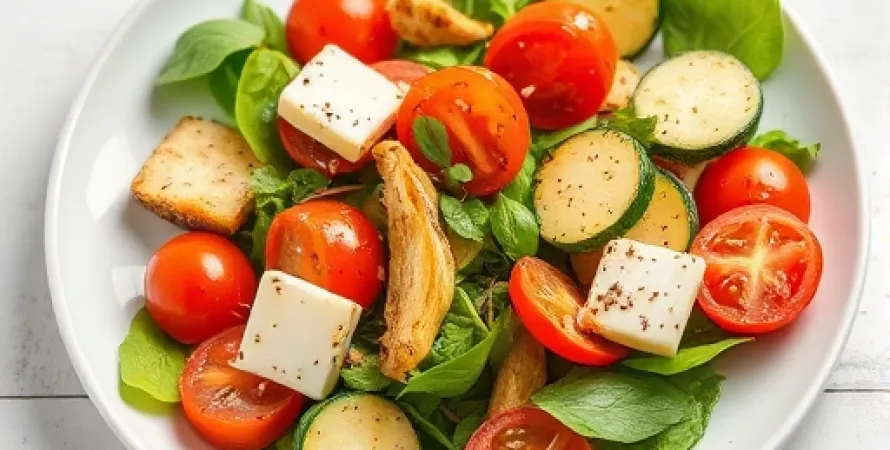 Salade de poires, tomates et courgettes au fromage Asiago
