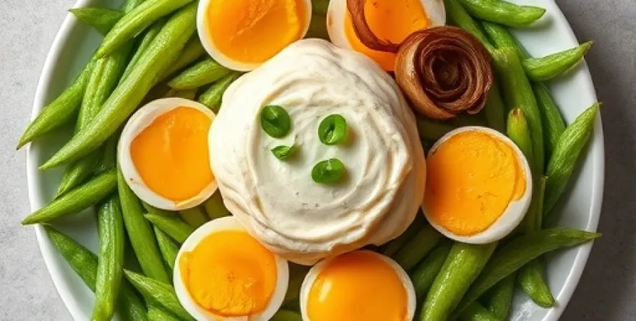 Haricots verts et oeufs en pâte
