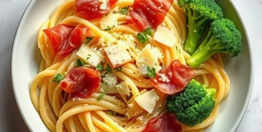 Pâtes au brocoli, prosciutto croustillant et chapelure dorée