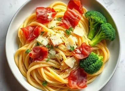 Pâtes au brocoli, prosciutto croustillant et chapelure dorée