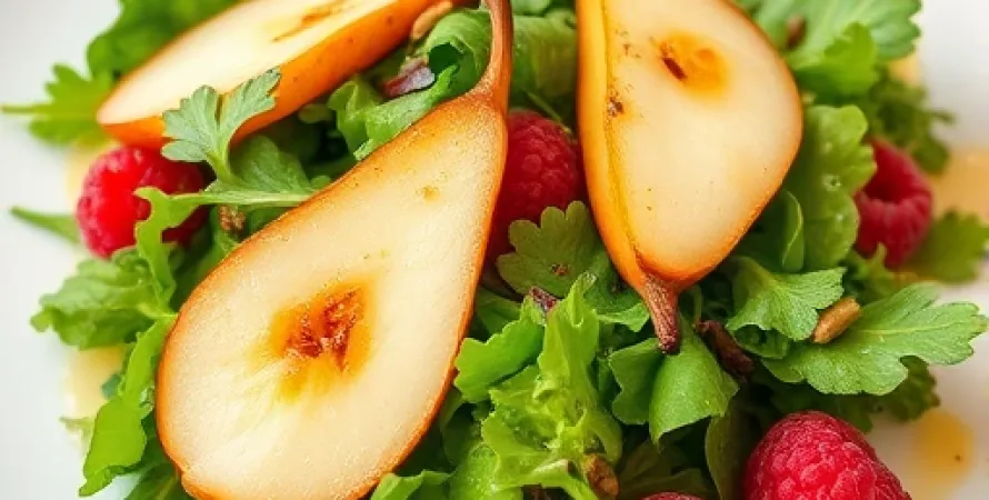 Salade de feuilles mixtes aux poires et framboises