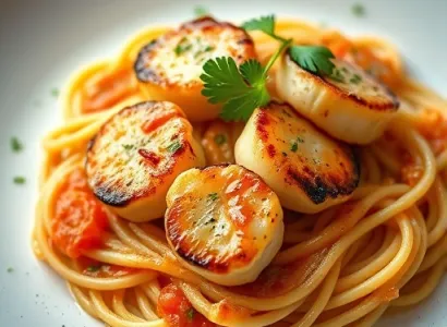 Coquilles Saint-Jacques pan-sear sur linguine à la crème de tomate
