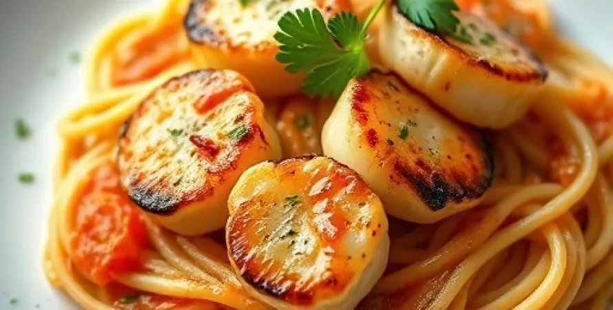 Coquilles Saint-Jacques pan-sear sur linguine à la crème de tomate