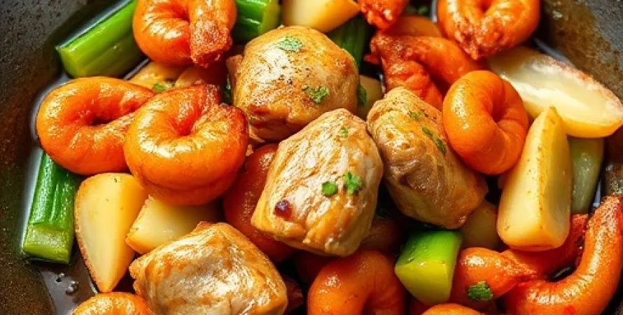 Poulet et crevettes sautées
