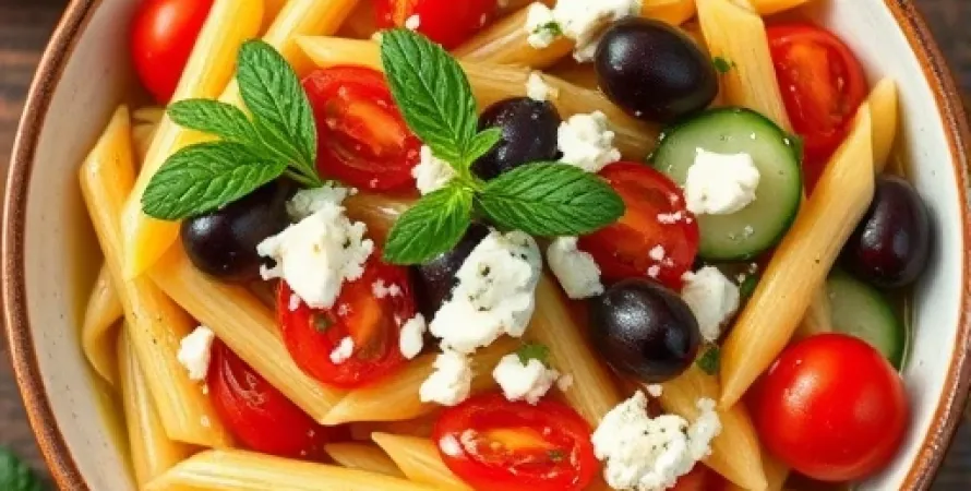 Salade de penne aux tomates, concombre et feta