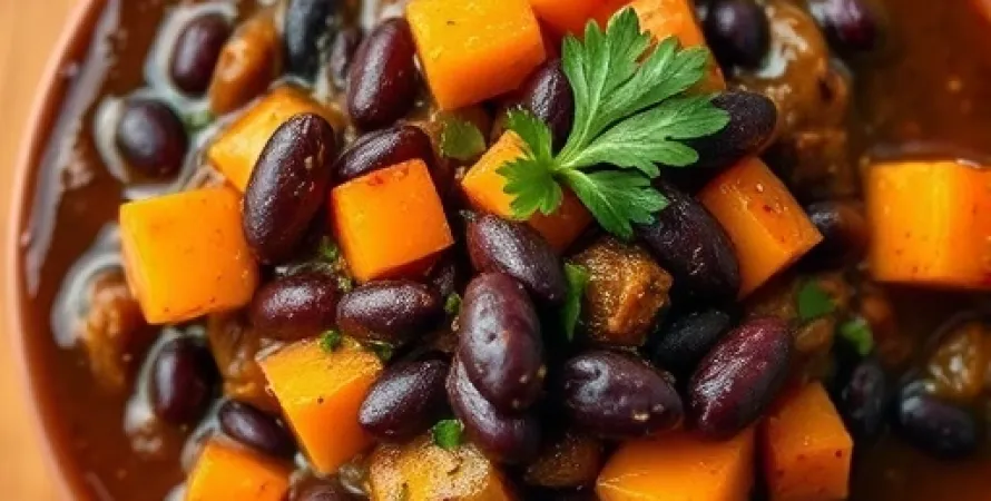 Chili aux haricots noirs avec courge butternut et bette