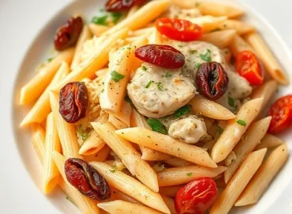 Pâtes au poulet, artichauts et tomates séchées