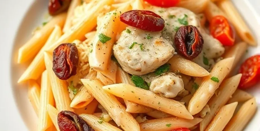 Pâtes au poulet, artichauts et tomates séchées