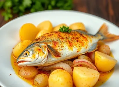 Poisson au four avec pommes de terre, oignons, safran et paprika