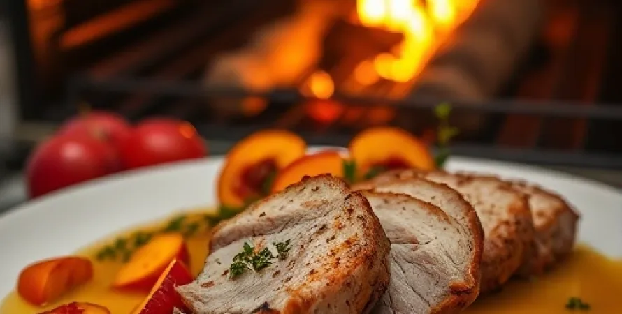 Côtes de porc au miel et sauce aux pêches