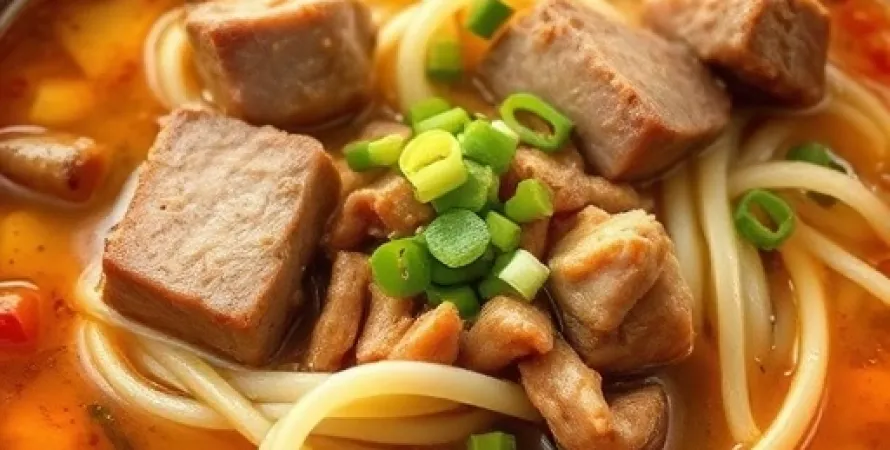 Soupe de pâtes et porcet à la chinoise