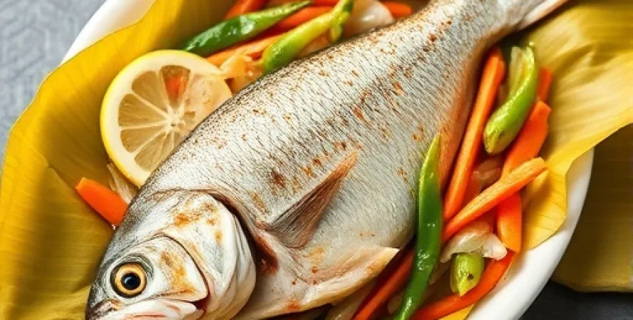 Poisson style asiatique cuit dans des feuilles de banane
