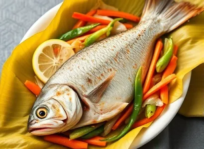Poisson style asiatique cuit dans des feuilles de banane